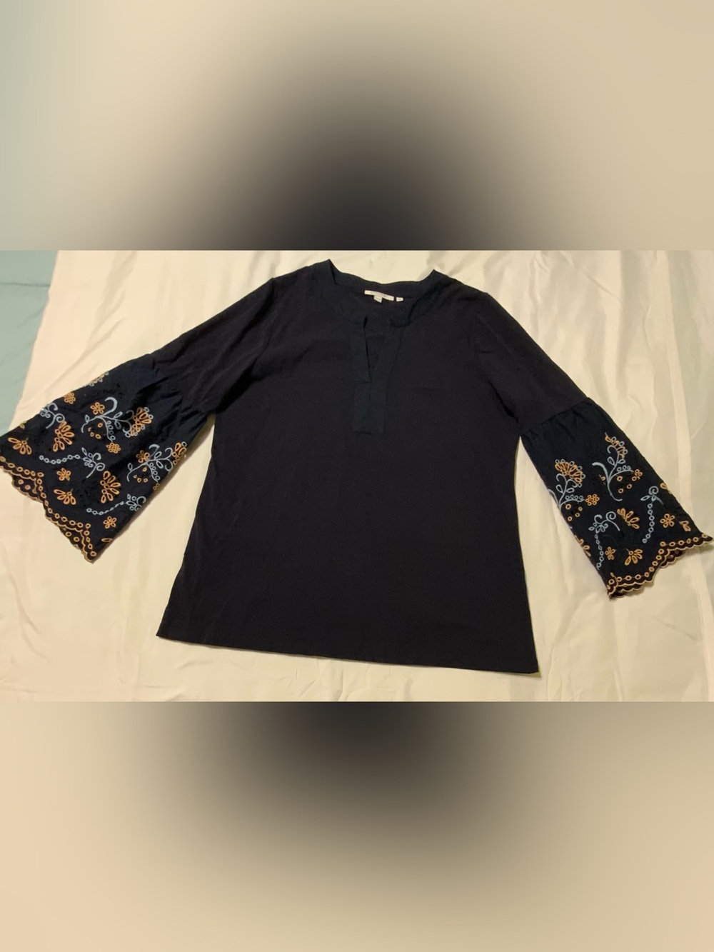 Chico's Navy Bell-Sleeve Tunic with Blue and Gold Embroidery